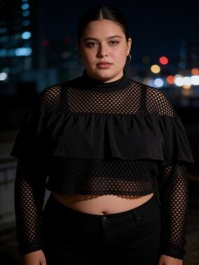 Black Mesh Ruffle Crop Top - Women, Goth, Whimsigoth, Edgy Streetwear, Sz 2X